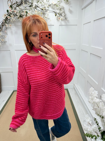 Robyn: Red & pink slash neck knit top. One Size: 12-18