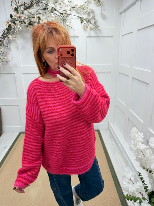 Robyn: Red & pink slash neck knit top. One Size: 12-18