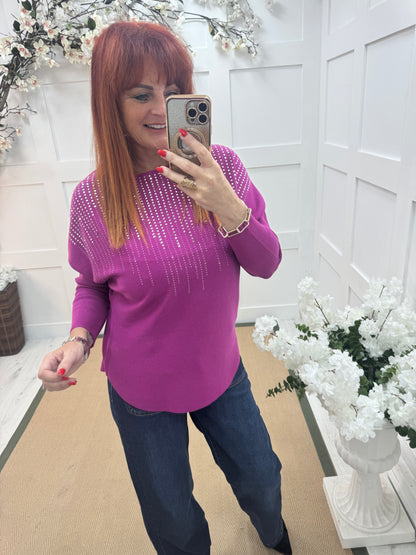 Arabella: Fuchsia diamanté long sleeve top. One size: 12-16