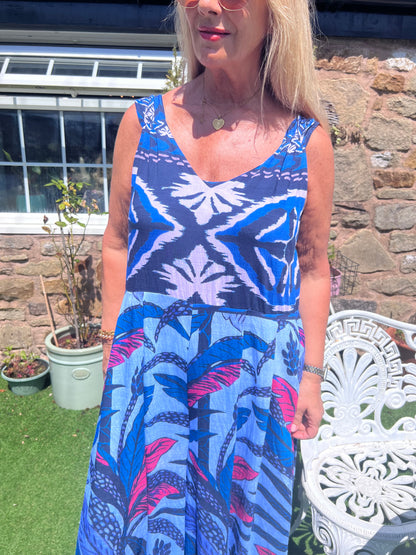 Jodie: Blue & pink tropic print wide leg jumpsuit. One size: 14-20