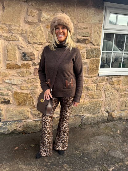 Hailey: Brown high neck H jumper. One size 10-16