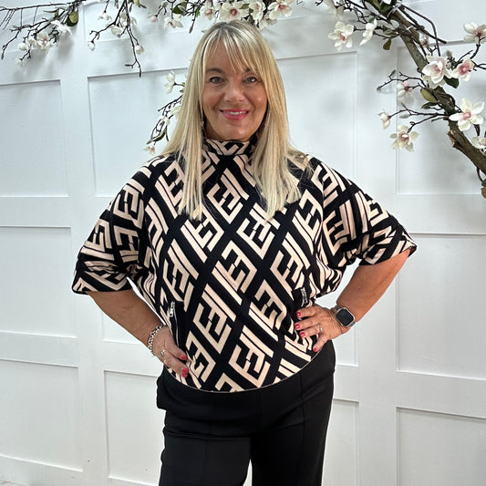 Harper: Black designer inspired top. One size: 12-18