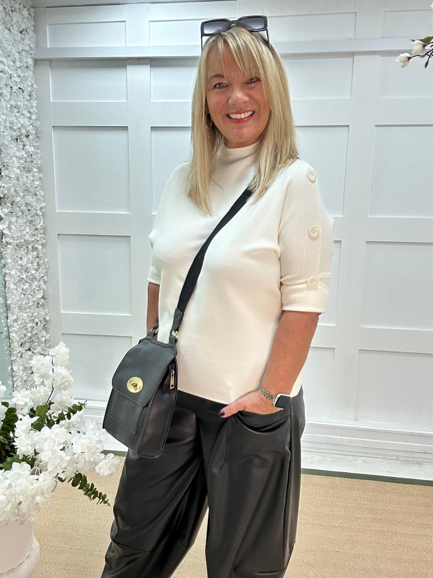 Vanessa: Cream button half sleeve knit. One size: 12-18