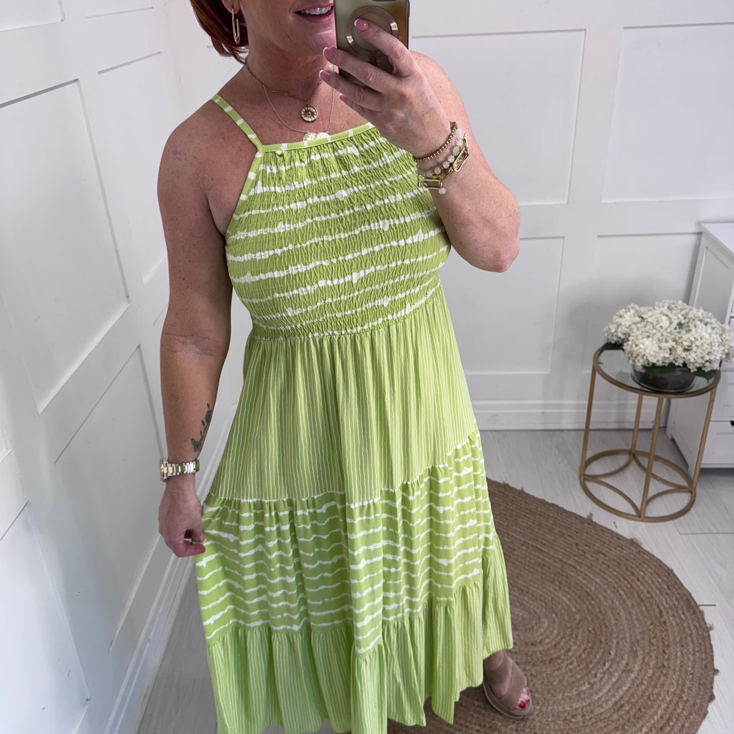 Serena: Lime strappy striped midi dress. One size: 10-14