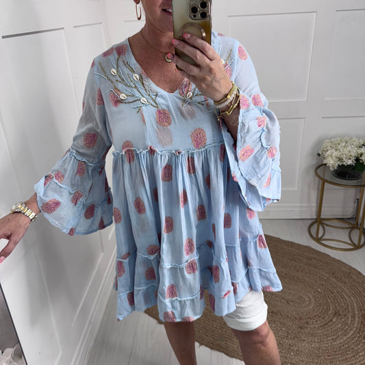 Lilia: Blue shell & embroidery tunic dress. One size: 12-16