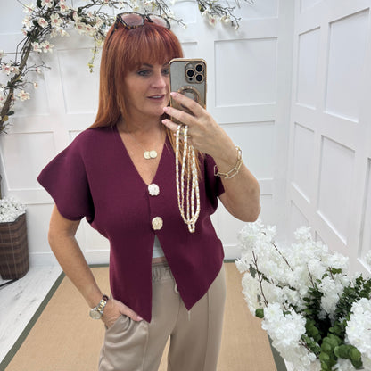 Sammi: Burgundy V neck gold button top. One size: 10-16