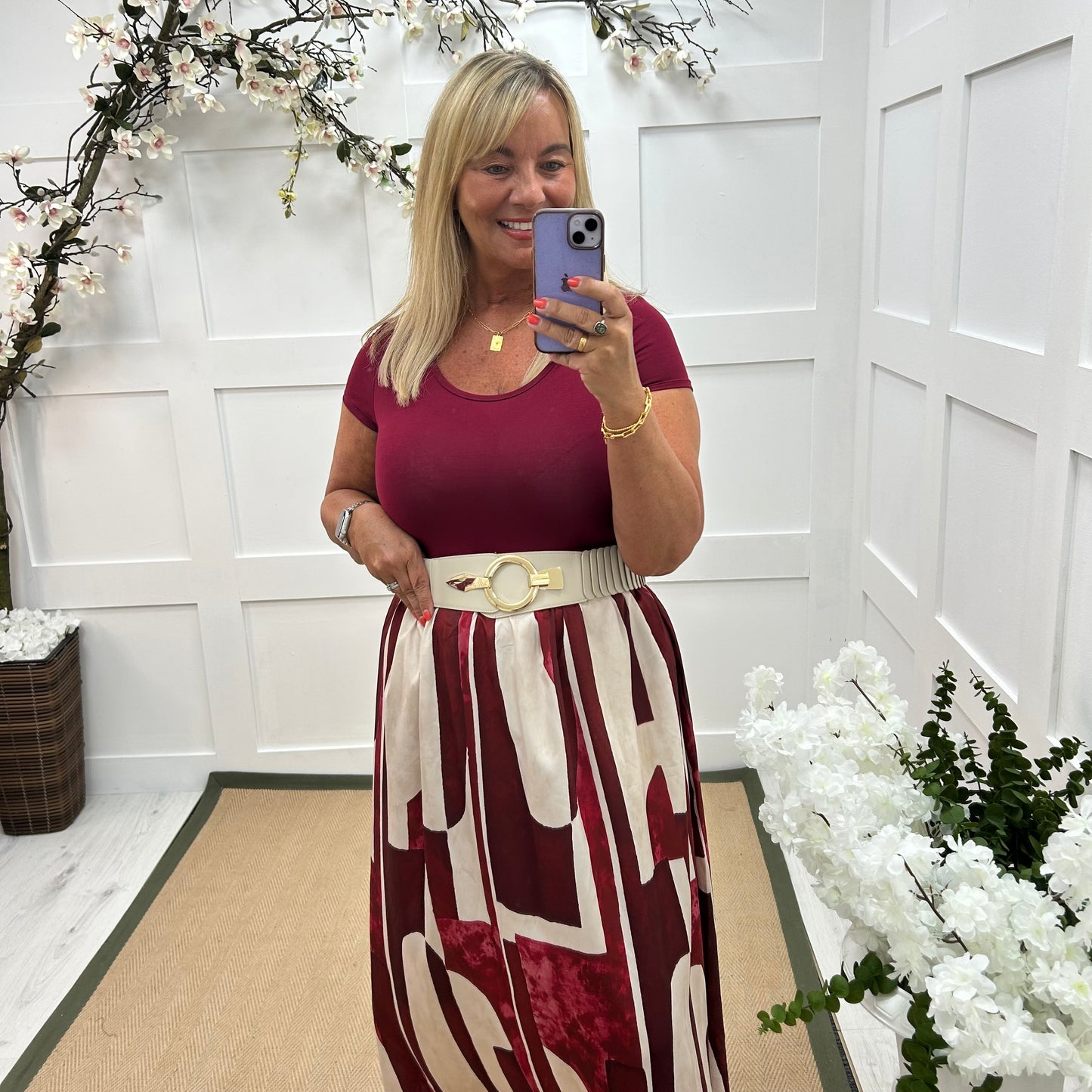 Willow: Burgundy & multicoloured T shirt dress . One size 10-18