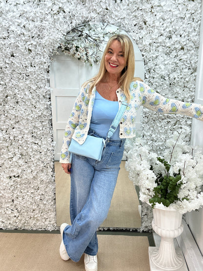 Gracie: Blue and cream heart crochet cardigan top. 2 sizes.