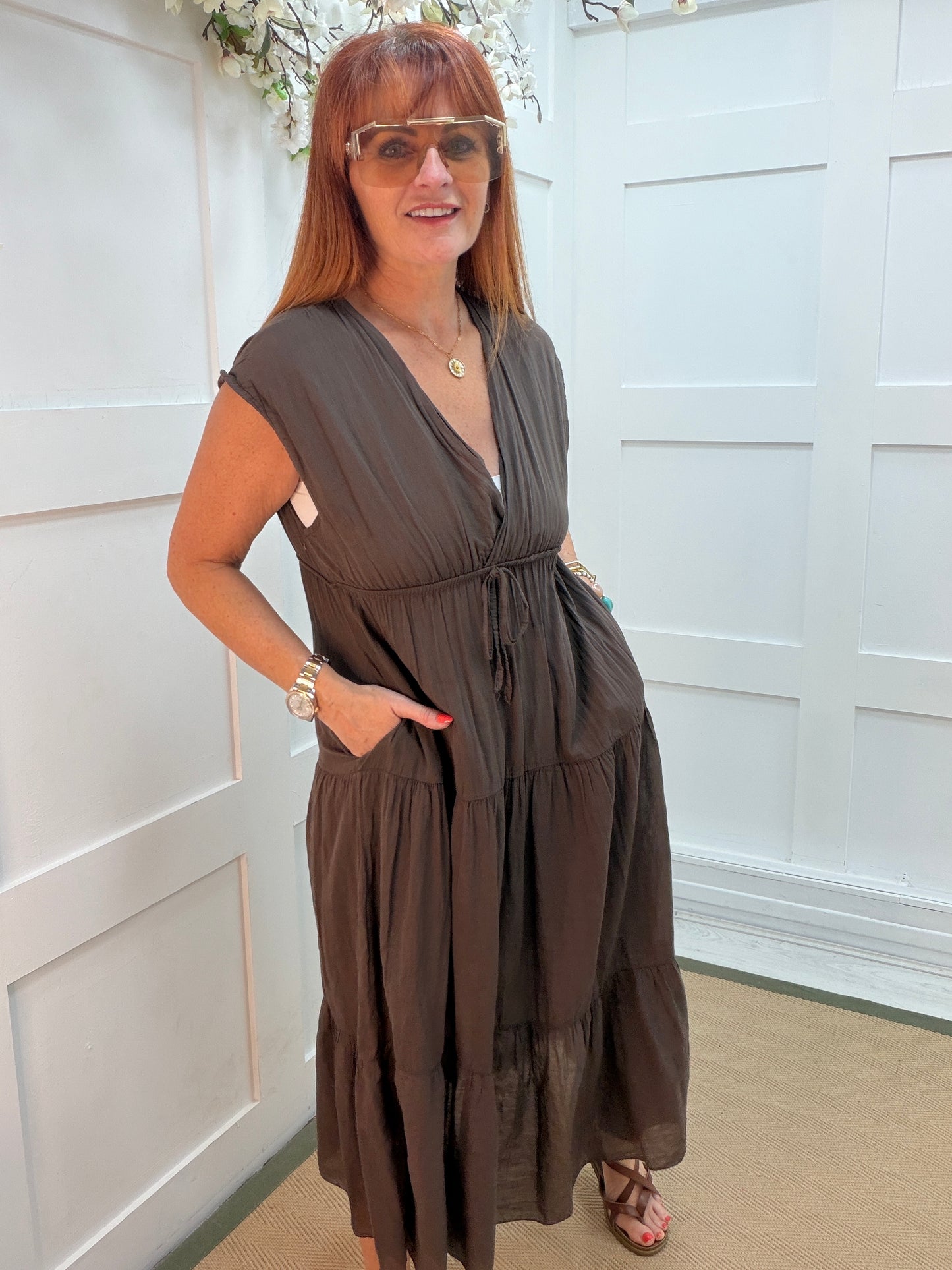 Gaynor: Grecian floaty tiered midi dress. One size 8-14. 3 colours