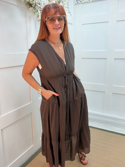 Gaynor: Grecian floaty tiered midi dress. One size 8-14. 3 colours