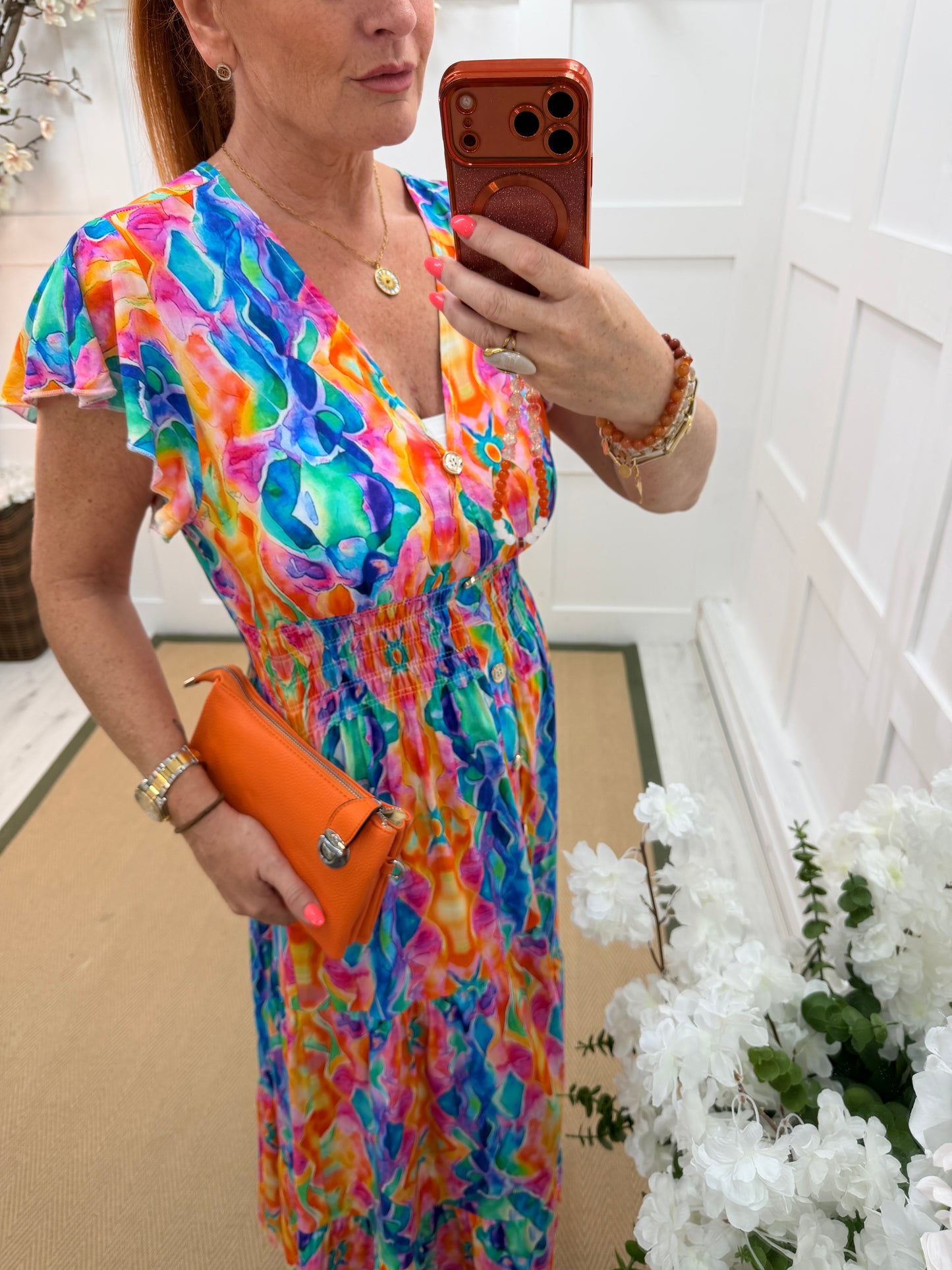 Robyn: Multicoloured V neck stretchy magic maxi dress. One size: 10-18