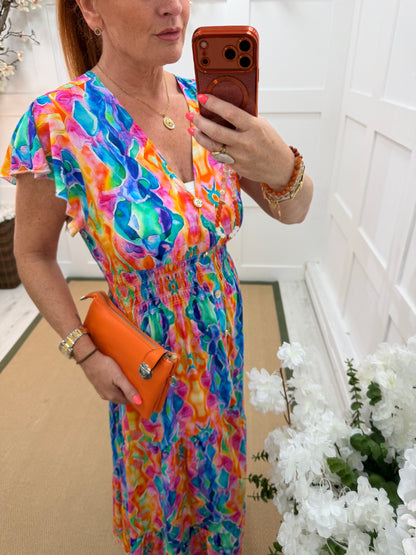 Robyn: Multicoloured V neck stretchy magic maxi dress. One size: 10-18