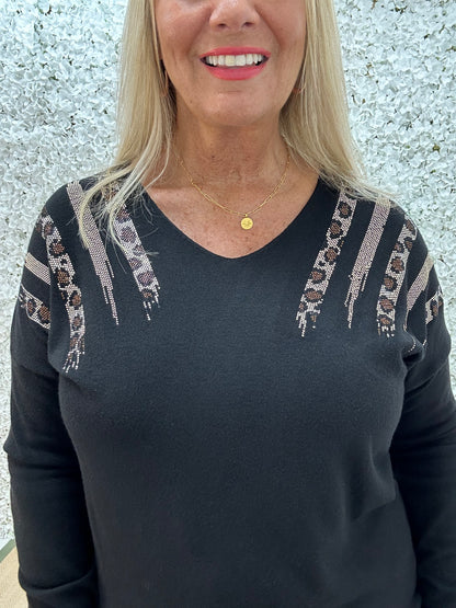 Pasha: Black leopard print sequin top. One size: 12-18