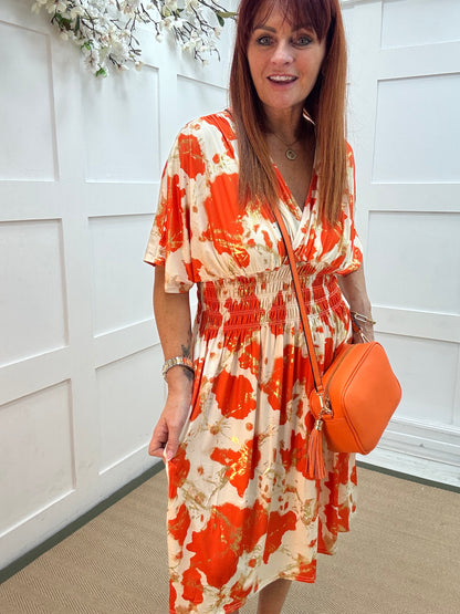 Dixi: Orange & cream stretchy midi wrap dress. One size 12-22