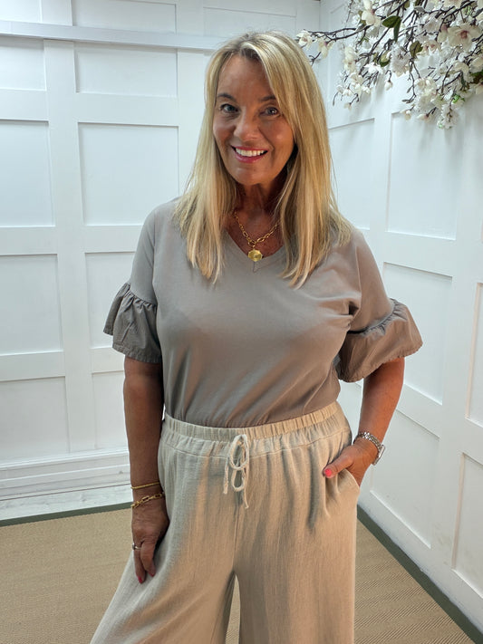 Riley: Ruffle short sleeve V neck top. One size 12-18. 4 colours