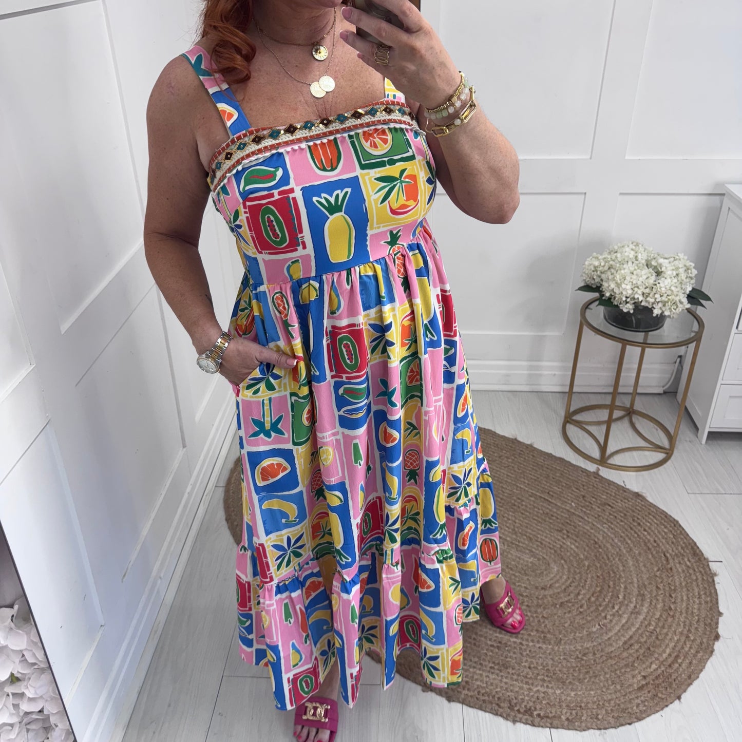 Amelia: Fruit print & embroidered pocket dress. 3 sizes