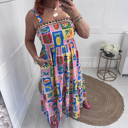 Amelia: Fruit print & embroidered pocket dress. 3 sizes