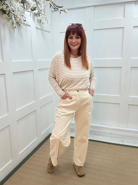 Zarah: Cream corduroy high waist trousers. One size: 12-16