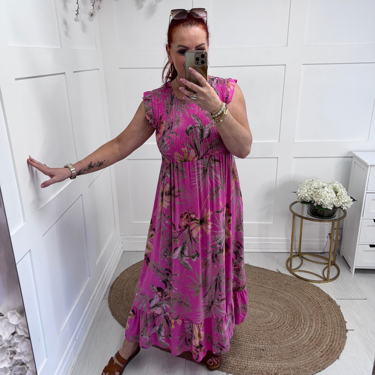Sophia: Hot pink tropical print midi dress. One size 8-16/18