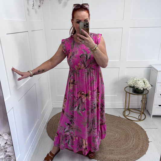 Sophia: Hot pink tropical print midi dress. One size 8-16/18