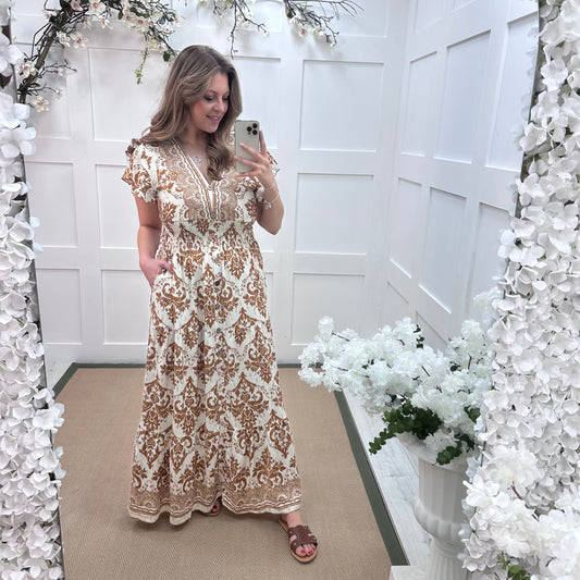 Charley: Sand & ivory  V neck stretchy maxi dress. One size: 10-20