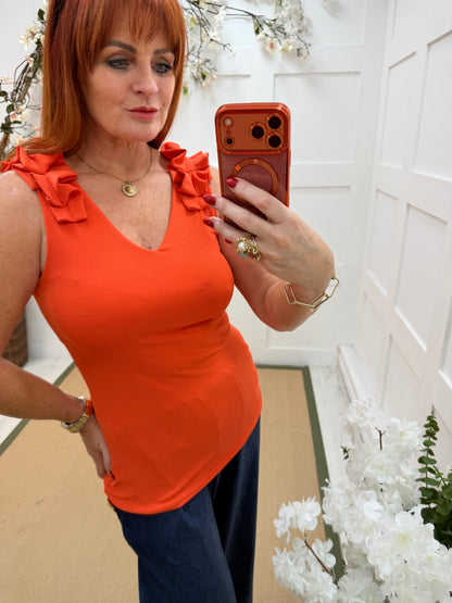 Ruthy: Ruffle shoulder V neck vest top. One size: 10-16 8 colours