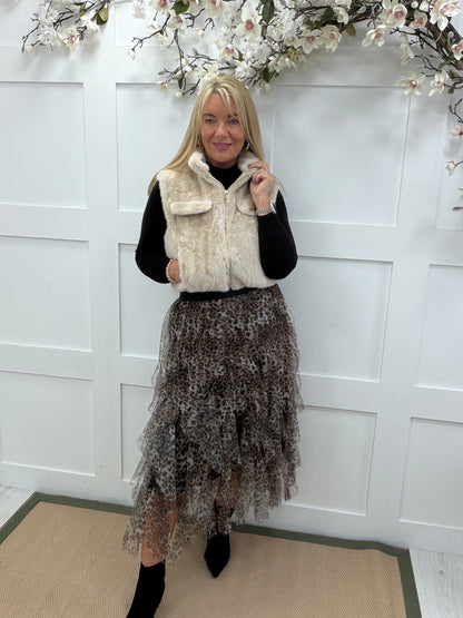 Georgie: Faux fur gilet with chest pockets. One size: 10-16. 2 colours