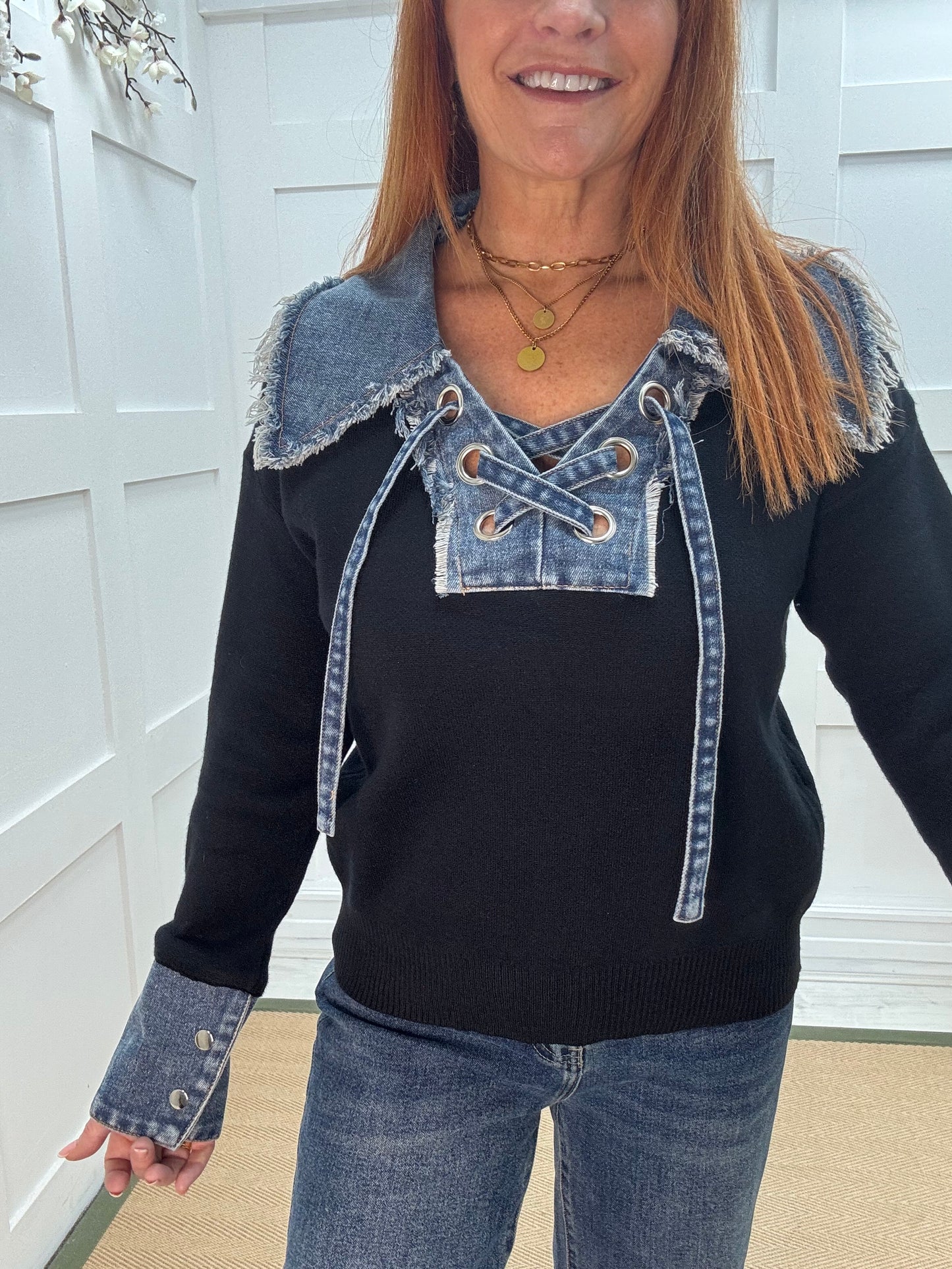 Malin: Black denim collar long sleeve top. One size: 12-18