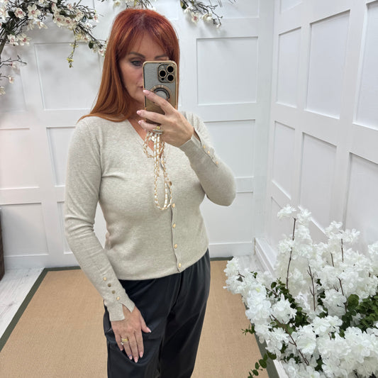 Katy: Cream V neck button sleeve top/cardigan. 2 sizes