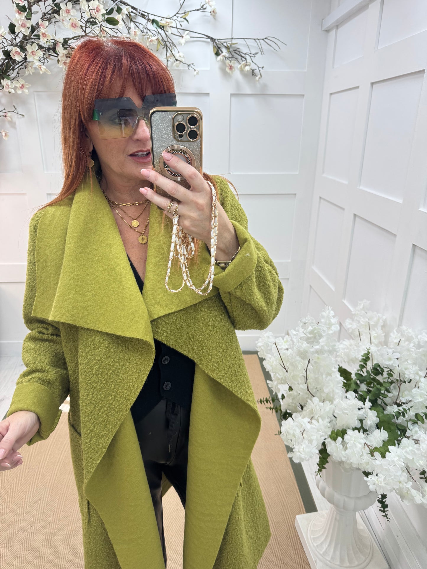 Kathie: Green boucle coat with pockets. One size 12-18