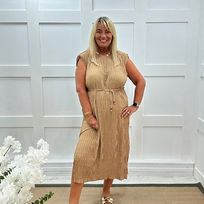 Serena: Sand waffle belted midi dress. One size 14-20