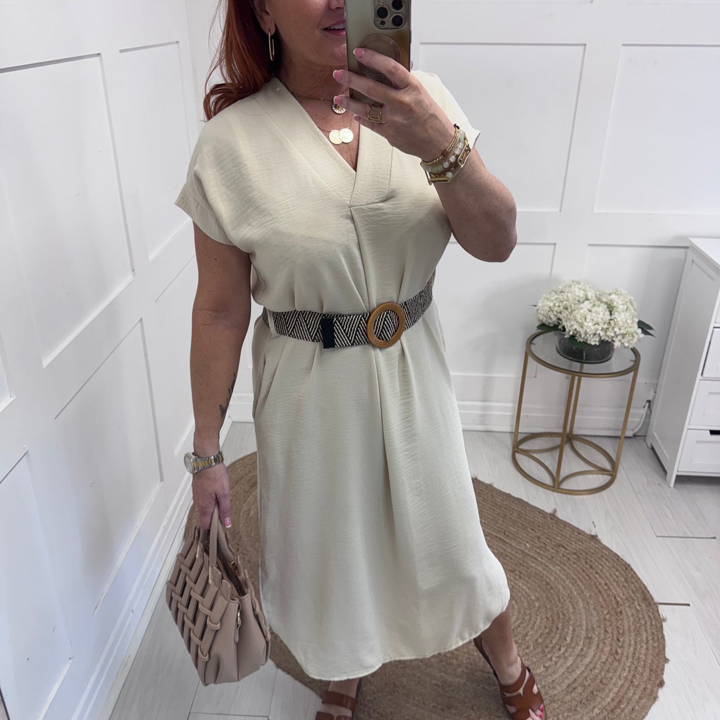 Azora: Cream V neck belted midi dress. One size 10-18
