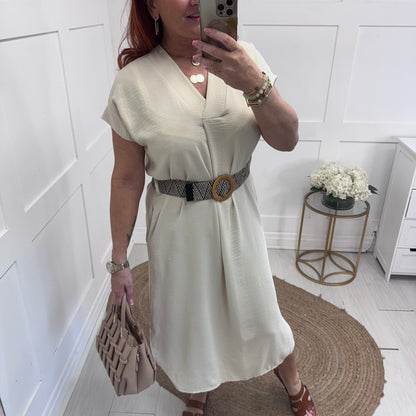 Azora: Cream V neck belted midi dress. One size 10-18