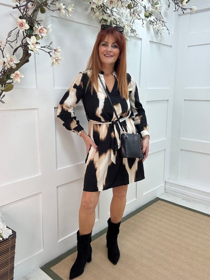 Lana: Black & cream print belted shirt dress.