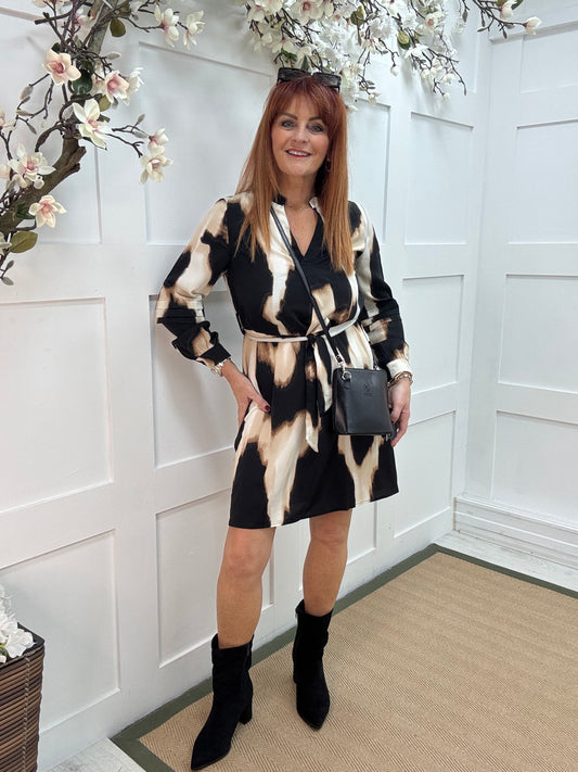Lana: Black & cream print belted shirt dress.