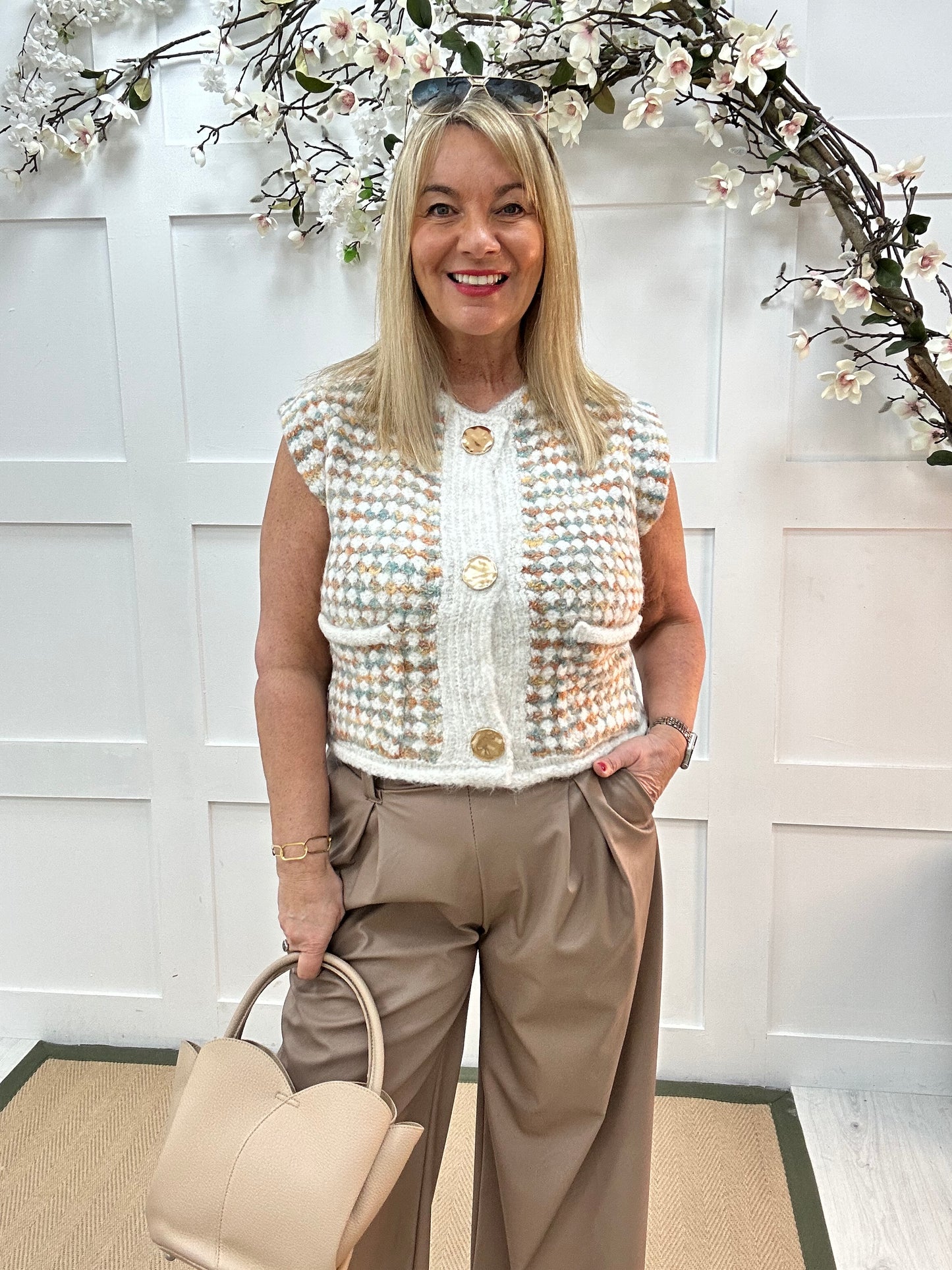 Katie: Multicoloured gold button knit waistcoat. One size: 14-18