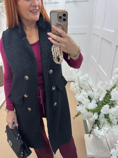 Kay: Black boucle long waistcoat. One size 10-16