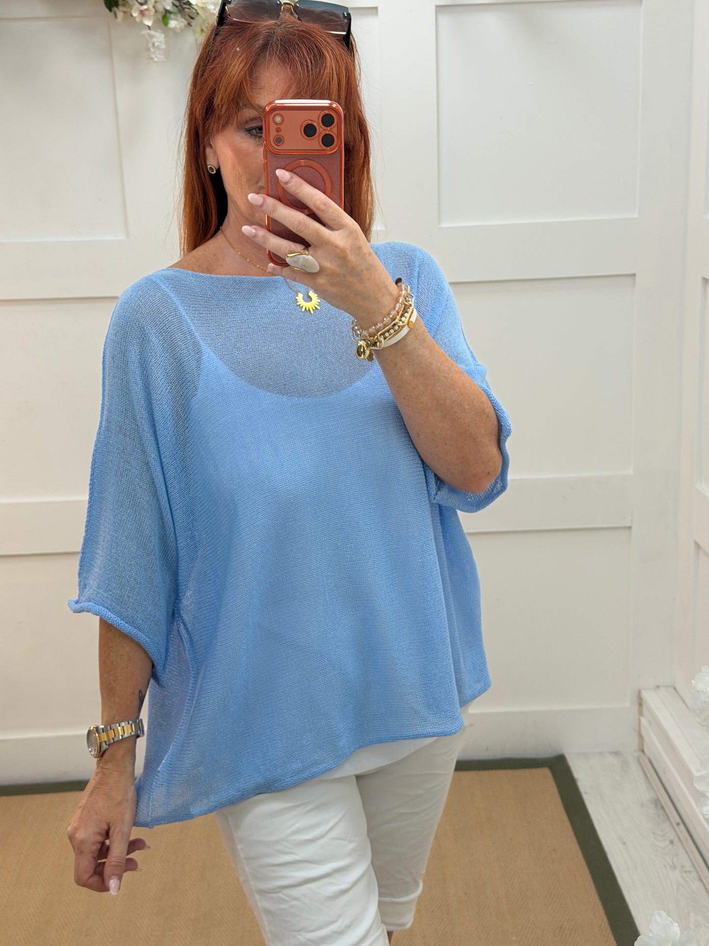 Leonie: Light weight fine knit short sleeve top. One size: 12-18. 7 colours