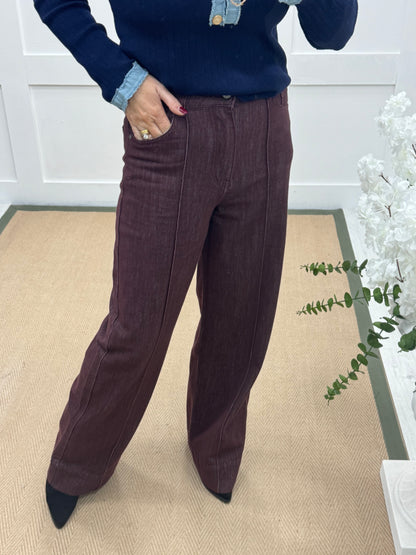 Benita: Burgundy high waist wide leg jeans. Sizes: 6-14