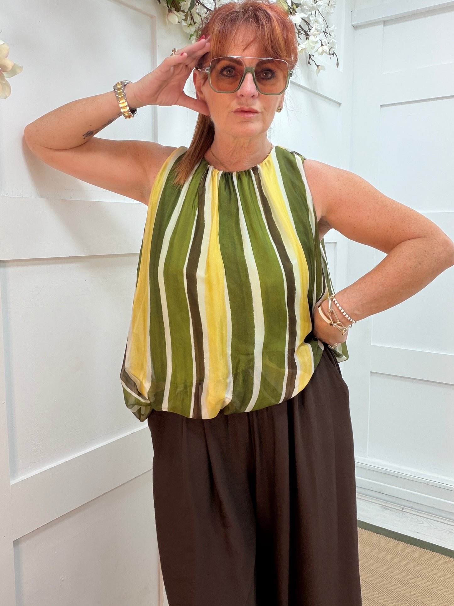 Sorrel: Striped silky elasticated top. One Sz: 12-16. 2 colours