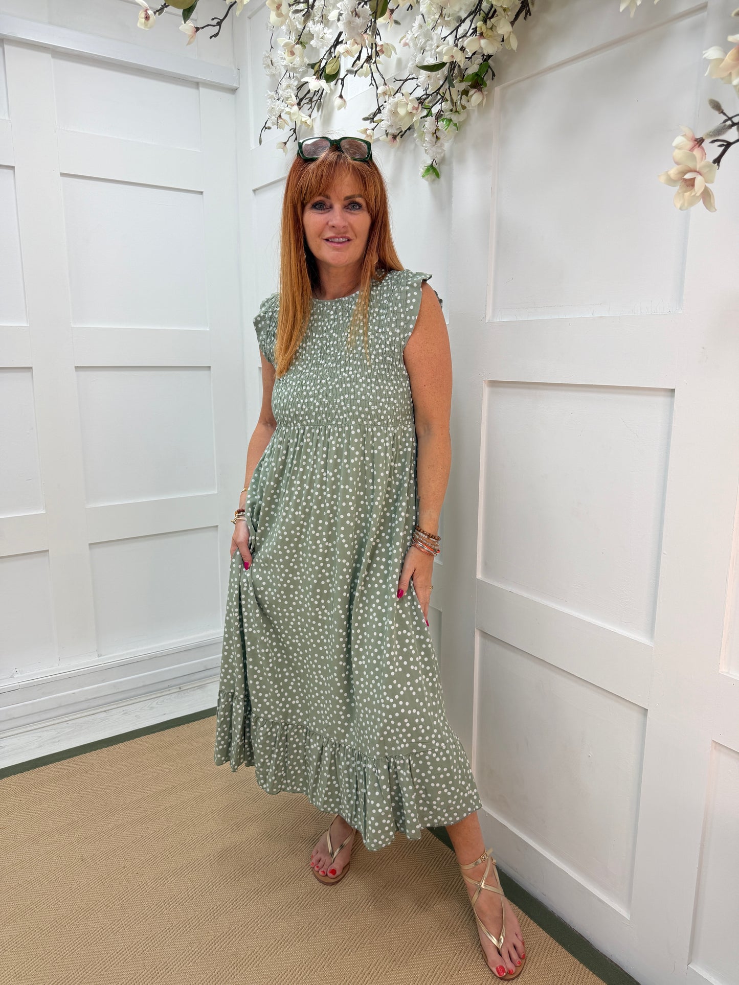 Kitty: Spotty shirred midi dress. One size 10-16. Various colours