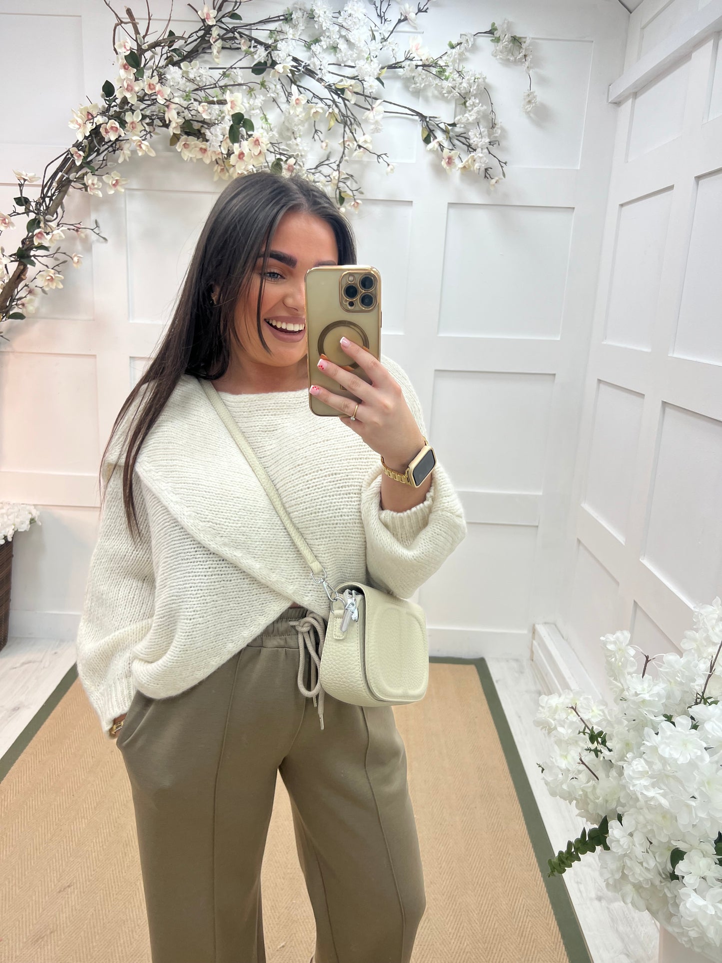 Willow: Cream stretchy short wrap top. One size: 10-18