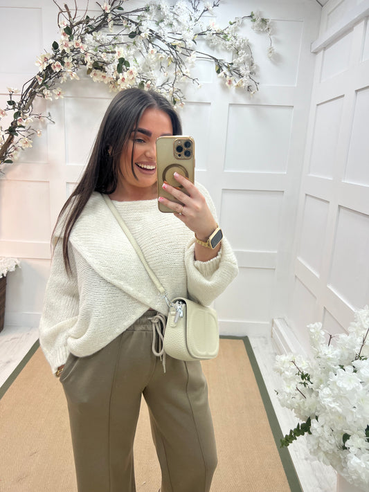 Willow: Cream stretchy short wrap top. One size: 10-18