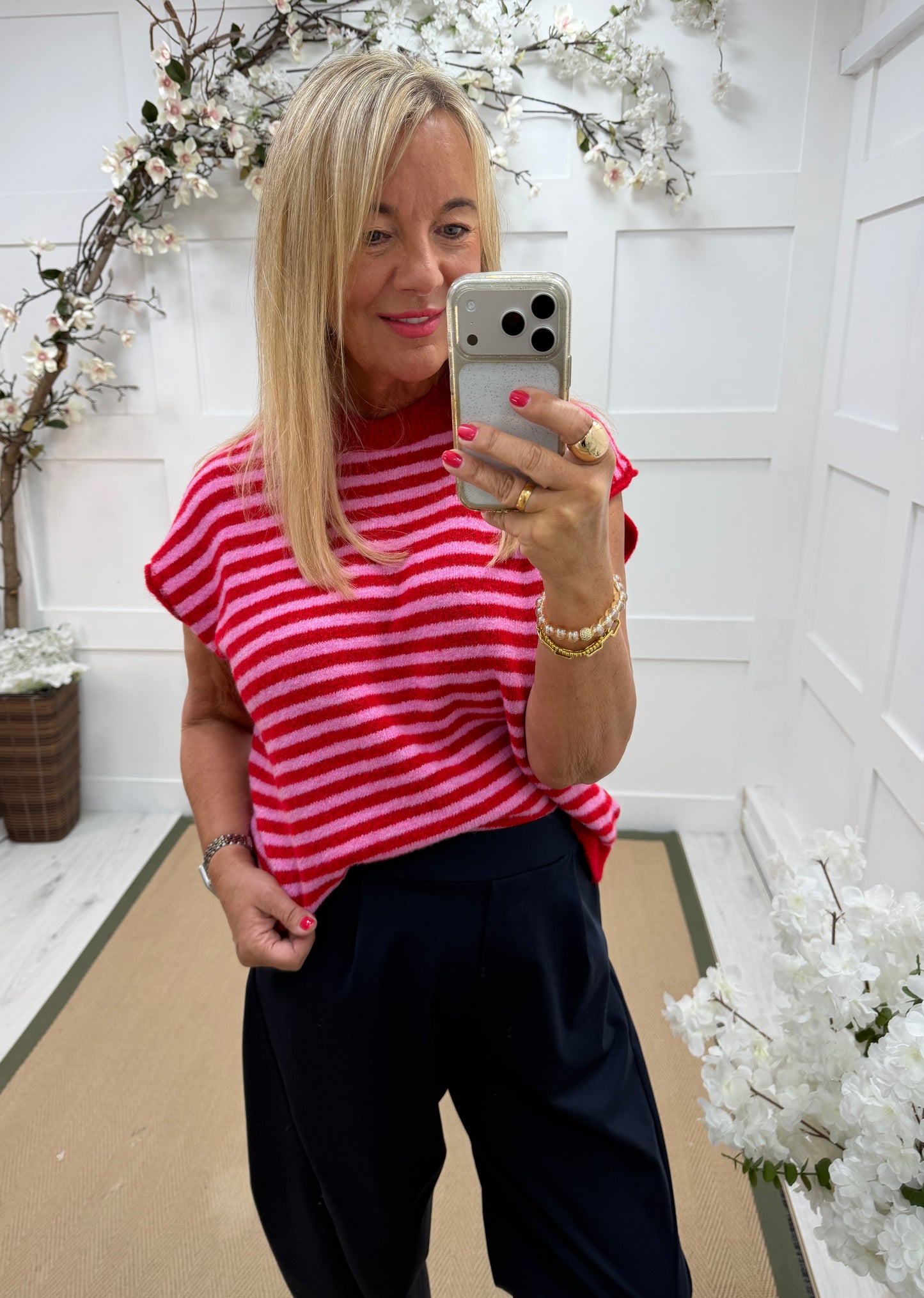 Serena: Sleeveless soft knit stripe top. One size: 12-18. 2 colours