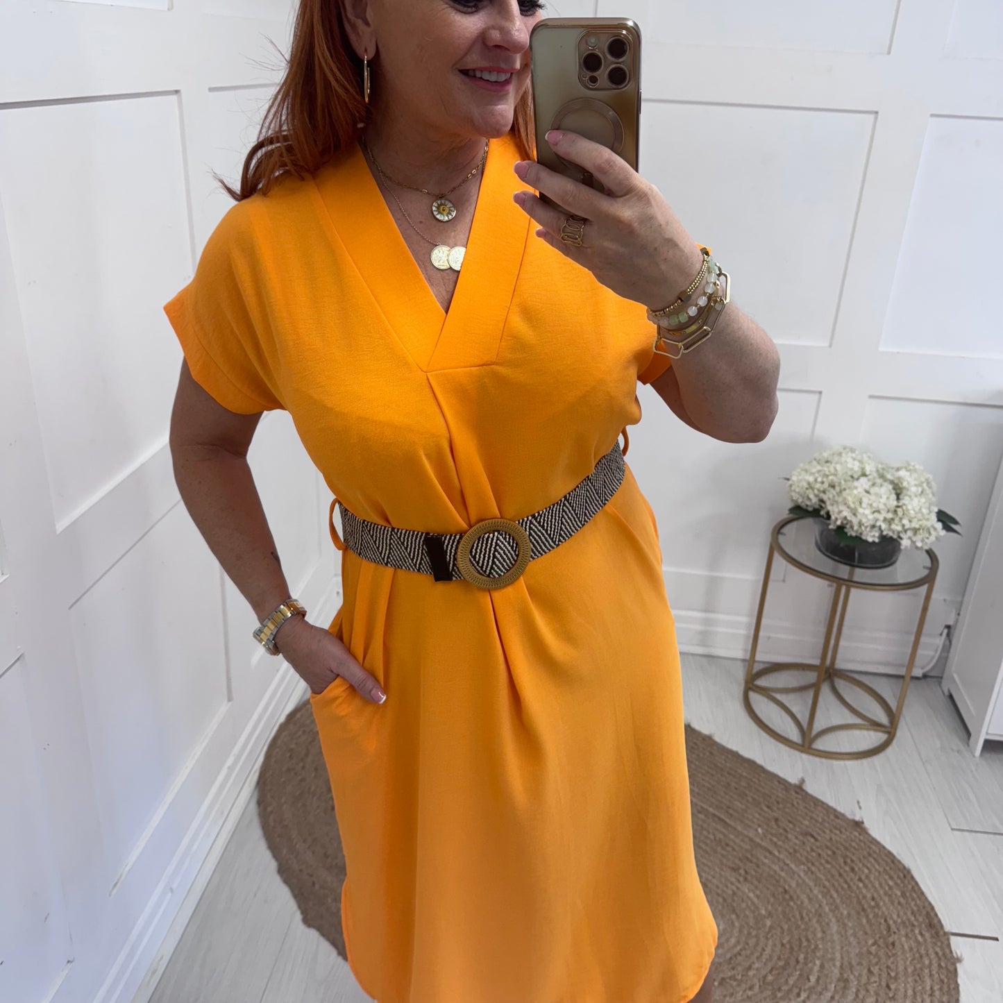Azora: Orange V neck belted midi dress. One size 10-18