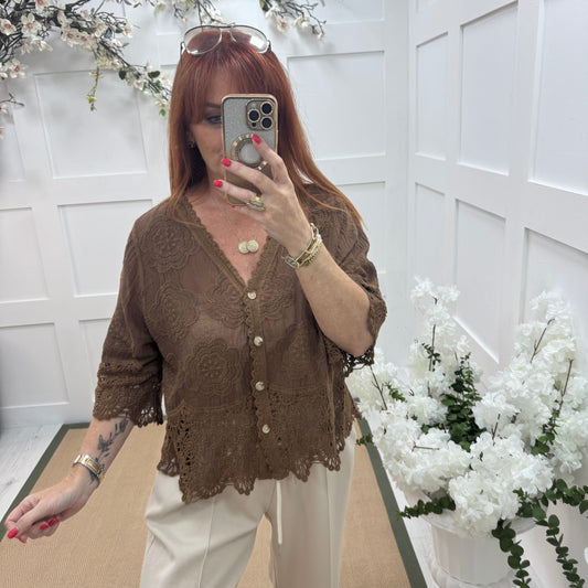 Effie: Brown embroidered cardigan top. One size: 12-18