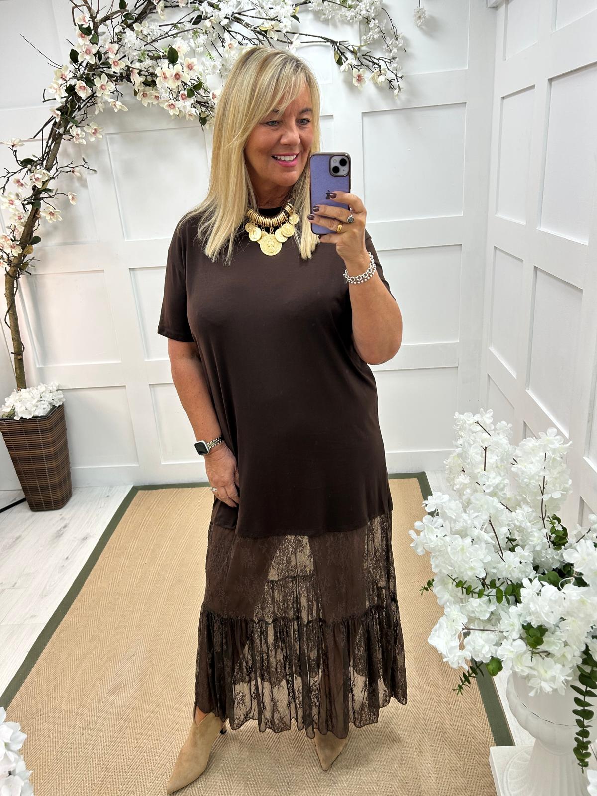 Celeste: Chocolate brown lace maxi dress. One size: 14-18