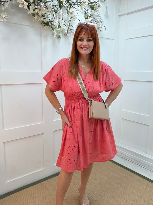 Belinda: Coral broderie anglaise midi dress. One size: 10-16