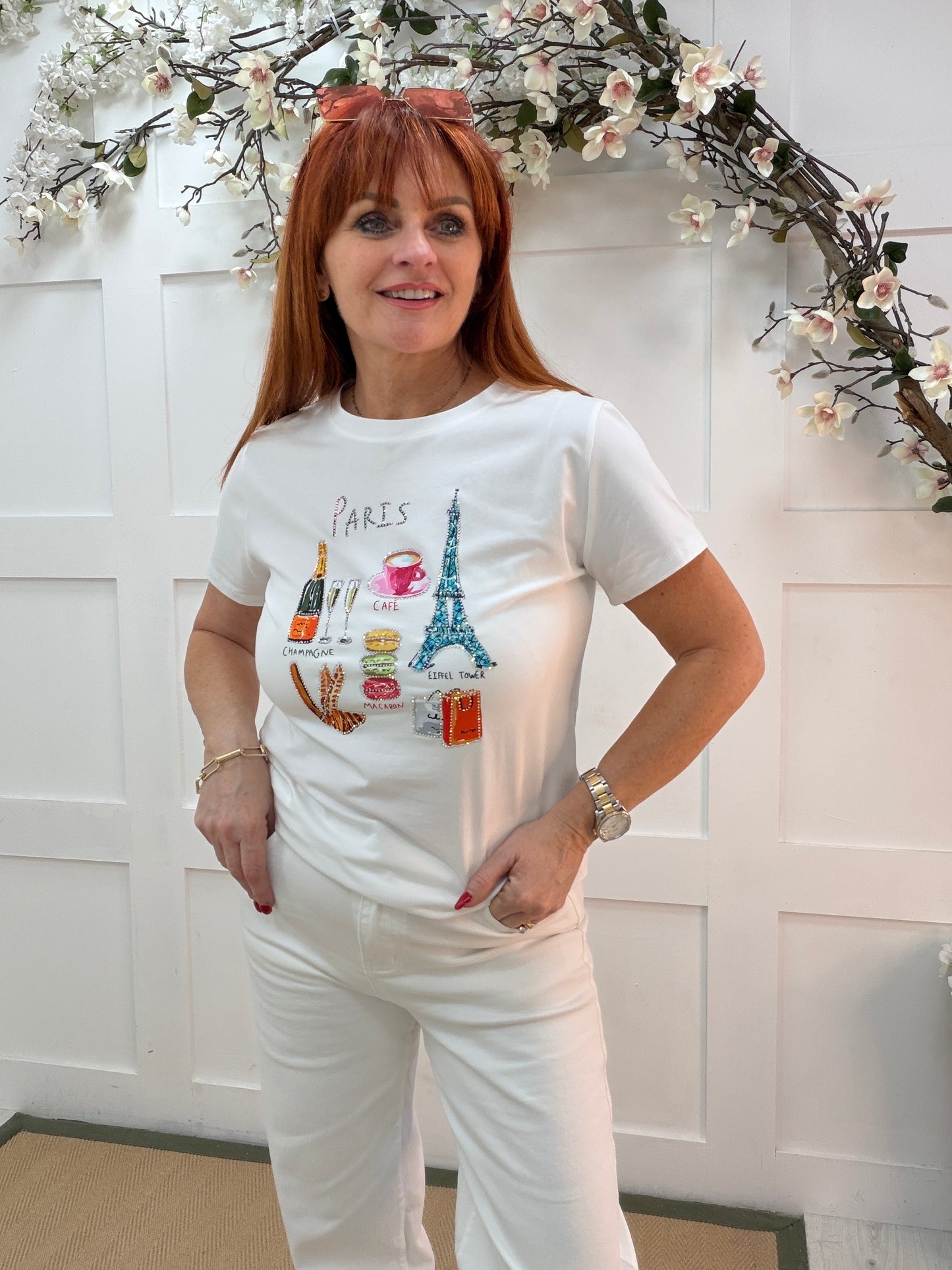 Pia: White diamanté’ Paris inspired T shirt. 2 sizes