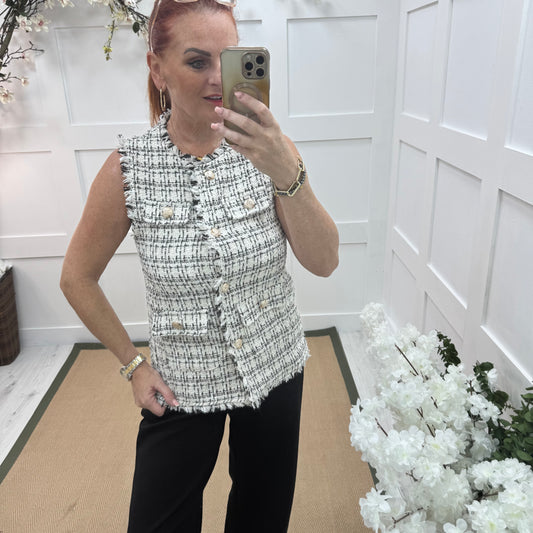 Devon: Black tweed button waistcoat. One size: 8-12